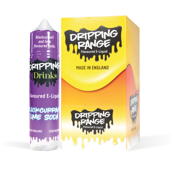 Dripping Range Blackcurrant Lime Soda Bottle and CDU White Background Studio Shot